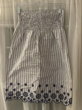 Charlotte Russe White Strapless Smocked Dress with Navy Floral Embroidery